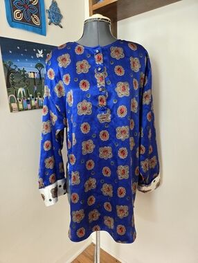Mary McFadden Vintage Royal Blue Printed Tunic Top &Pants Lounging Pajamas Small